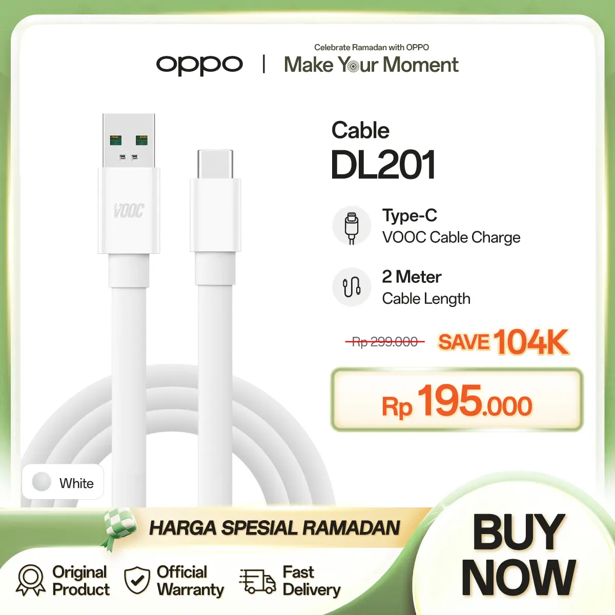 OPPO Cable USB A-C DL 201 White Led