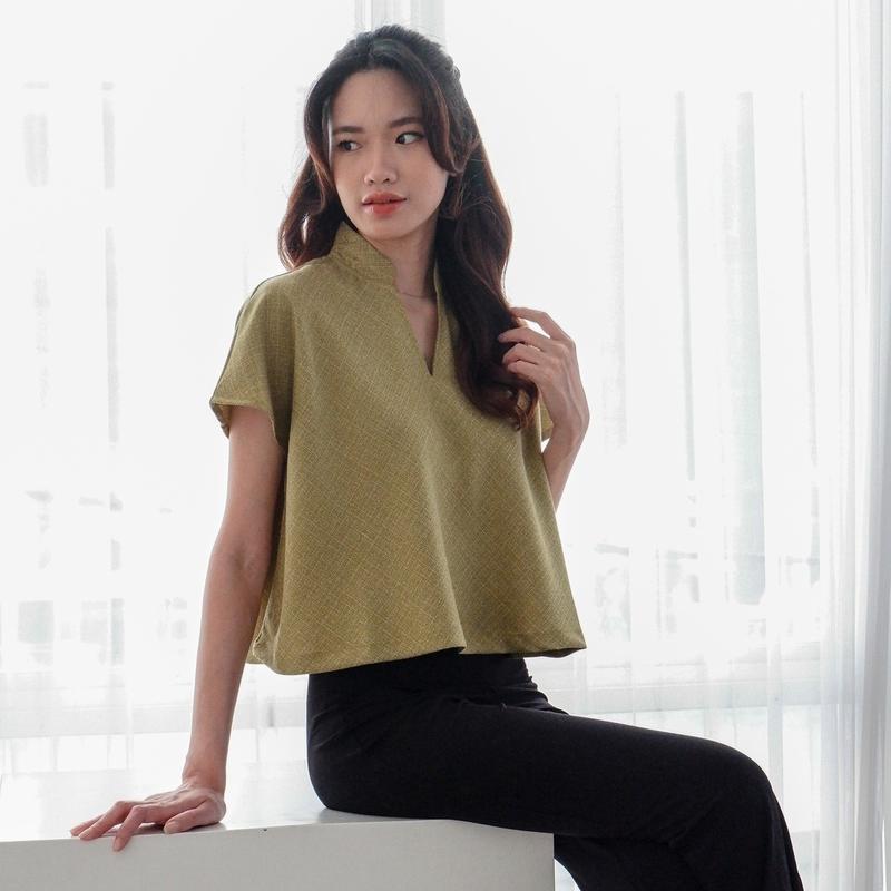 Starry Atasan Casual Linen Berkerah Semi Crop Baju Kantor Basic Kemeja Wanita Formal Santai 4