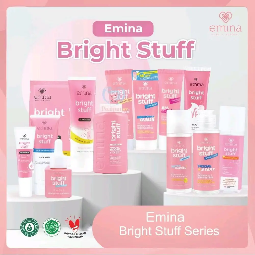Emina Bright Stuff Facial Wash/Serum/Loose Powder Mencerahkan Wajah - Pencerah, Perawatan, Vitamin, Dark, Pelembab, Moisturizer, Muka, Acid