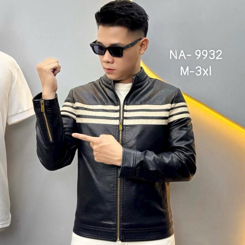  Áo da Nam cổ tàu vân kẻ chất da bò mềm Quảng Châu cao cấp NA-9932 M-3xl 
