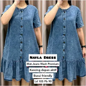 DRESS JEANS MIDI NYAMAN Santai V-Neck Busui Denim Formal Simple dress