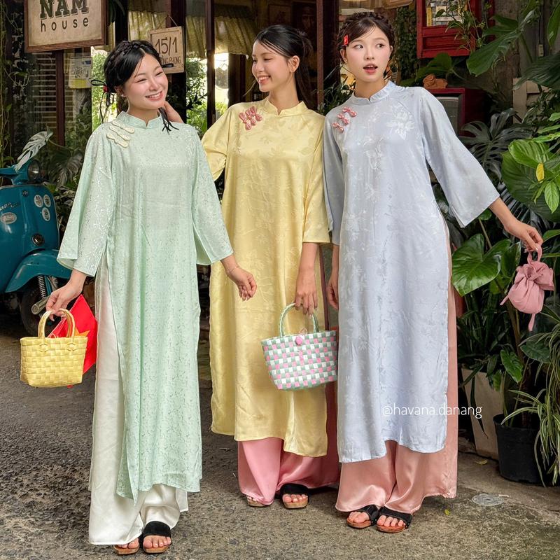   HAVANA  CÓ BIGSIZE - Áo dài lụa CƠ UYỂN phối hoạ tiết chìm đính cúc sò kèm quần Satin AD182 