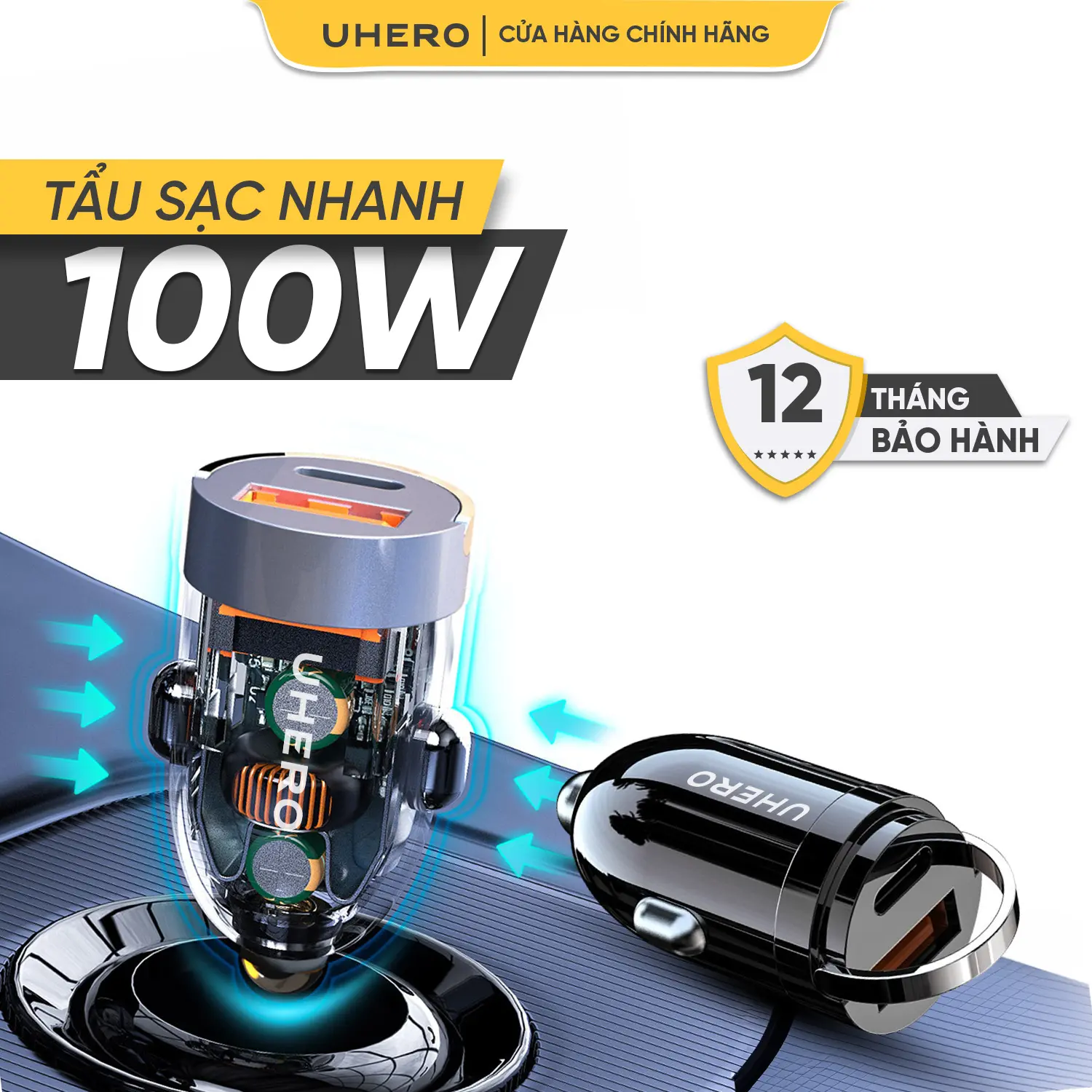 UHERO Tẩu Sạc Nhanh 100w, Tẩu Sạc Ô Tô Nhỏ Gọn TSN-01 Hai Cổng USB, Typec Phù Hợp Các Loại Xe, Các Loại  Thiết Bị Di Động Phụ Kiện Phụ Tùng