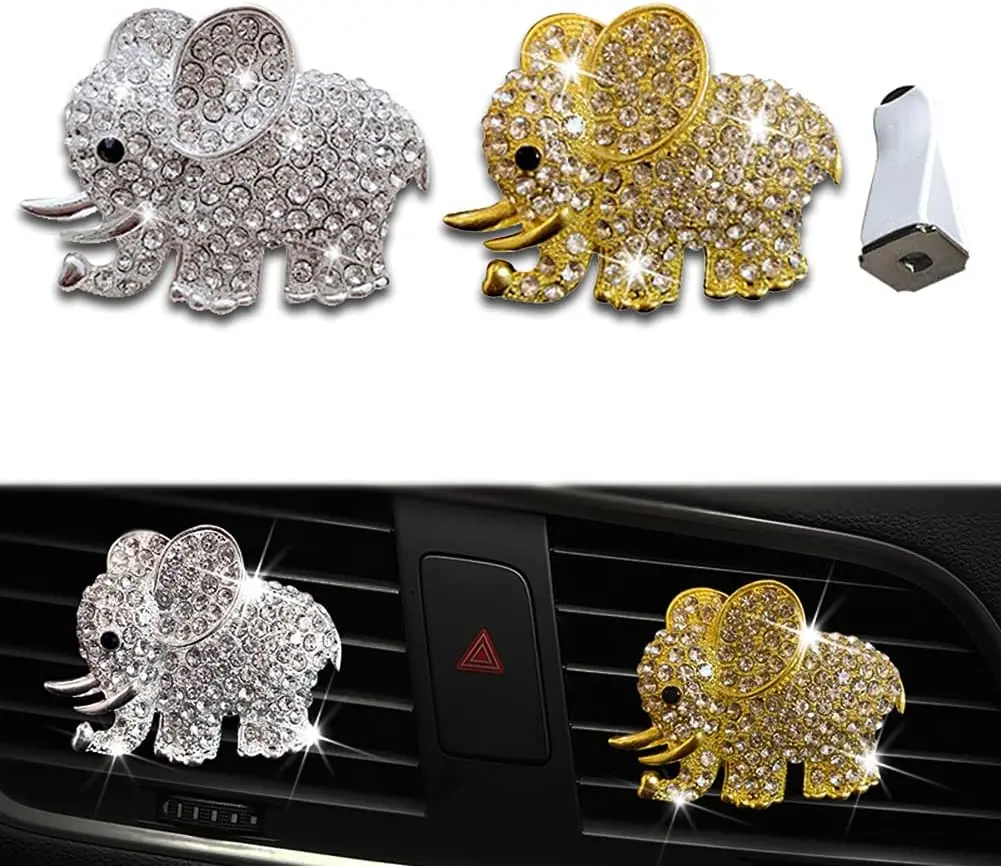 2 Pack Car Air Vent Clip Charms, Crystal Car Diffuser Vent Clip, Rhinestone Oil Diffuser Vent Clip, Car Fresheners for Women, Bling Car Accessories for Women – Stylish & Practical (Elephant)