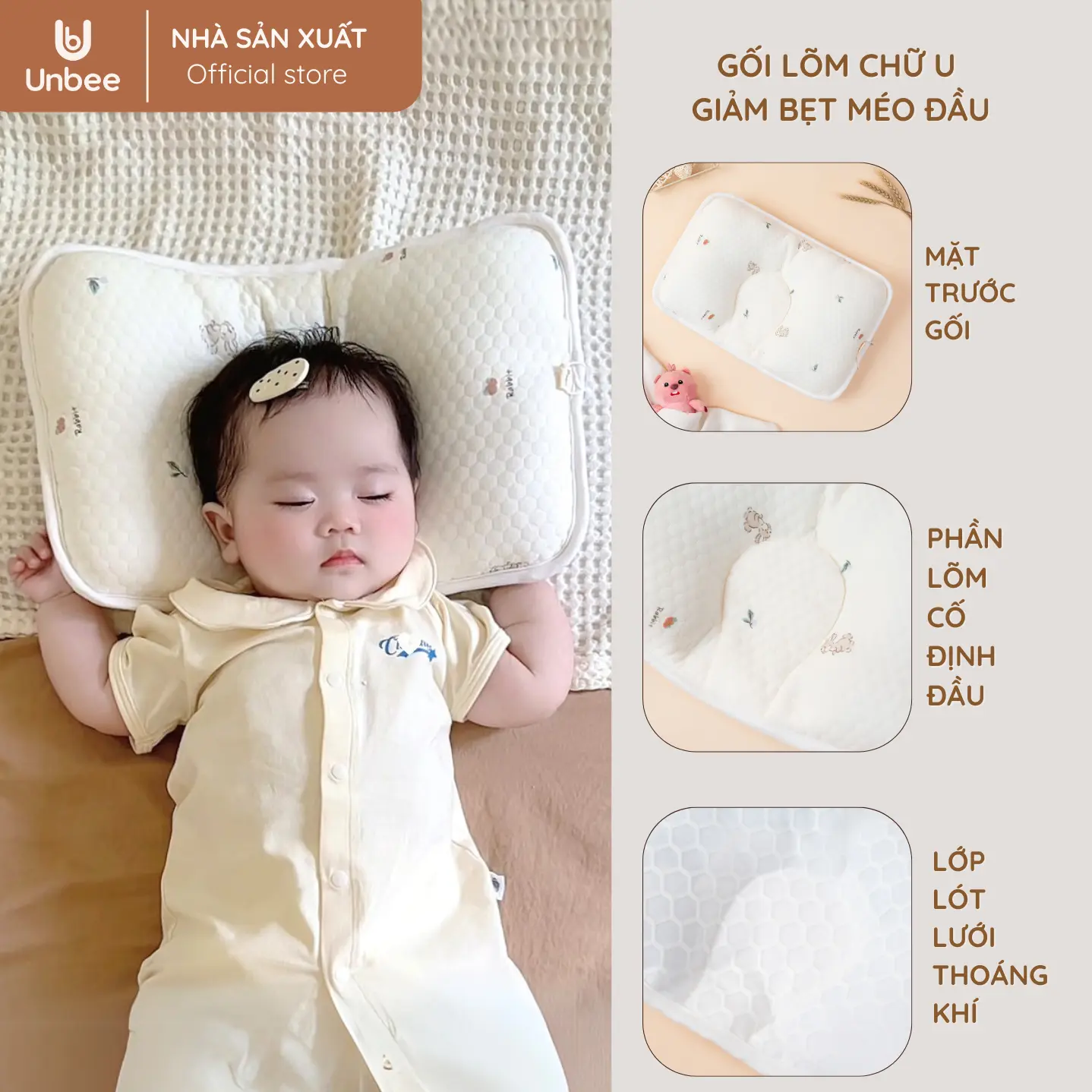 [PG076] UNBEE Gối Lõm Chữ U Chống Bẹp Méo Đầu Cho Bé Sơ Sinh UnBee Chất Liệu Bamboo Thoáng Mát KT 38x25cm