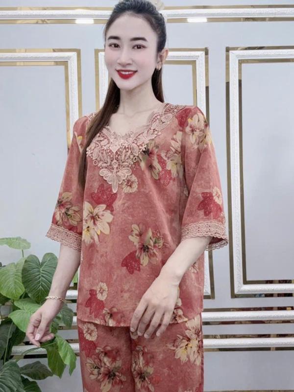  Đồ Bộ Mặc Nhà Thêu Họa Tiết Hoa Lá Thổ Cẩm Hình Khối Trung Niên Tặng Cho Mẹ - Vải Lụa Mango Size lớn Mã DB65 - Nhà May Trung Niên Quần Ngủ Dành Cho Trung Niên Không Nhăn Không Phai Màu Và Mau Khô 