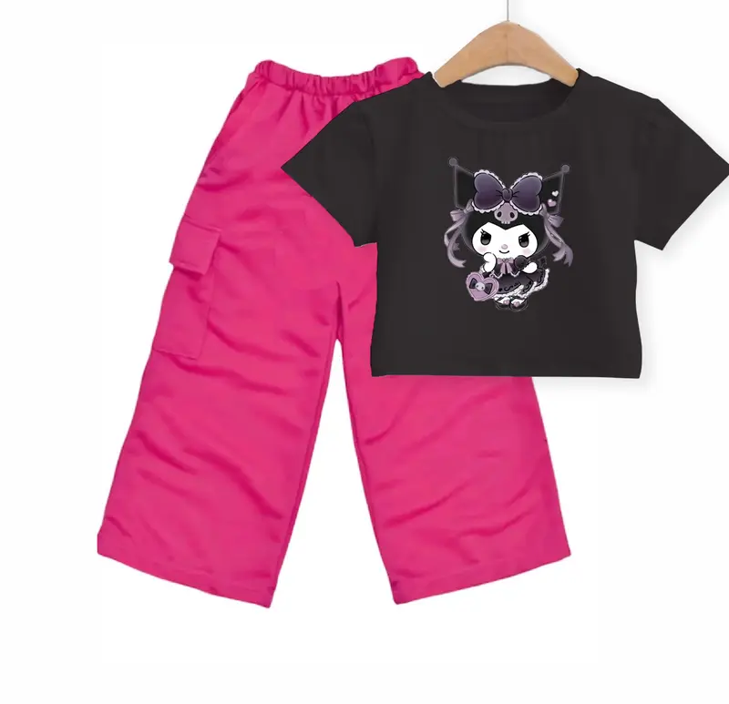 Setelan Anak Perempuan Korea Style 5-10 Tahun Kaos Crop Top Dan Celana Kargo Motif Kuromi Pita Fashion Baju Anak 2