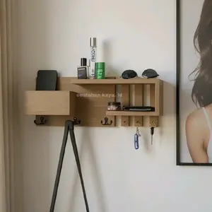 RAK DINDING GANTUNGAN BAJU & KUNCI MODEREN  KAYU JATI rak  dinding  minimalis dapat disesuaikan kamar kait & rak tahan korosi hitam Aesthetic Besi tahan air natural kayu tempat estetik Buah tahan lama ambalan hemat ruang