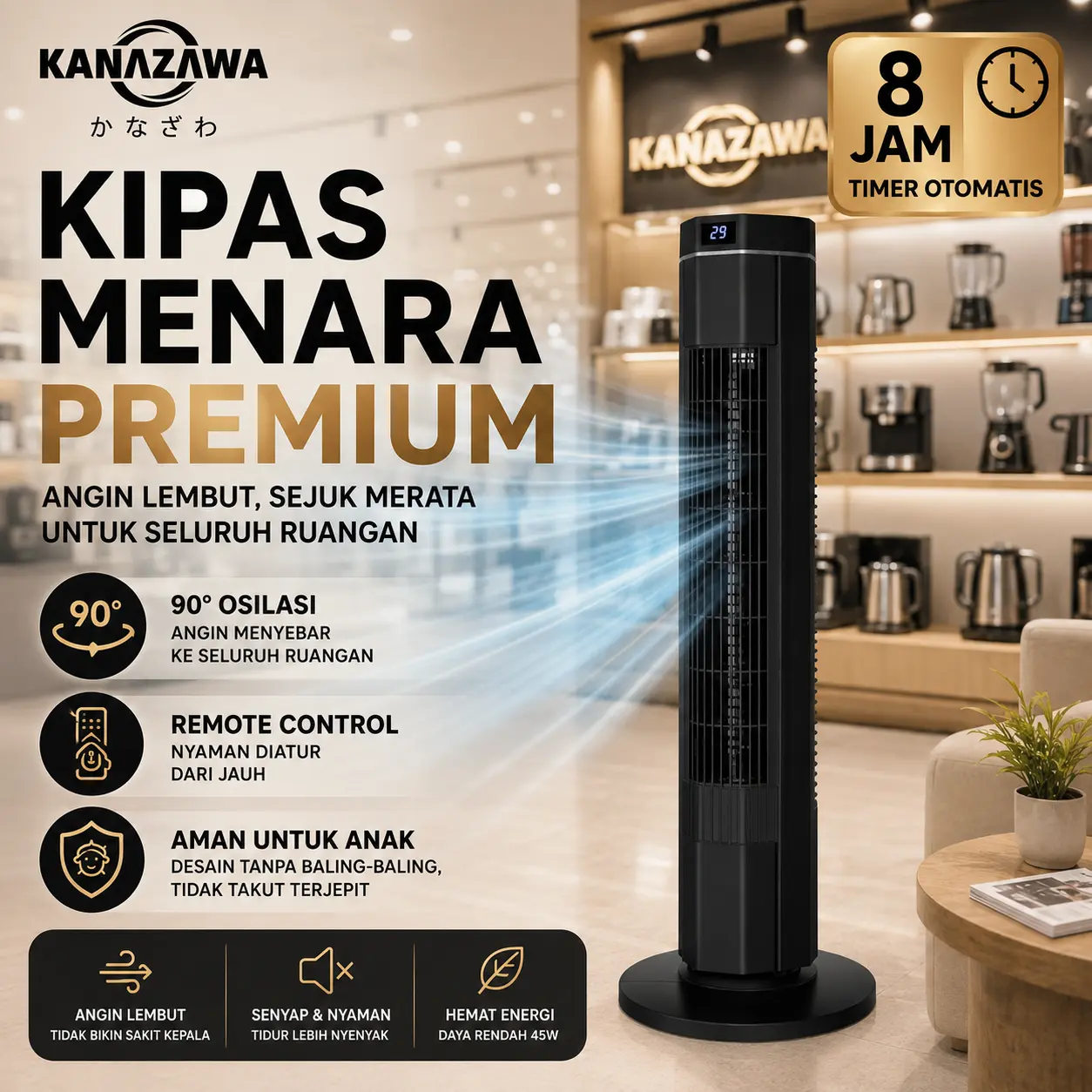 KANAZAWA Tower Fan Kipas Menara Tanpa Daun 90° Osilasi Angin Lembut Low Noise Remote Control Tampilan LED 3 Kecepatan Angin