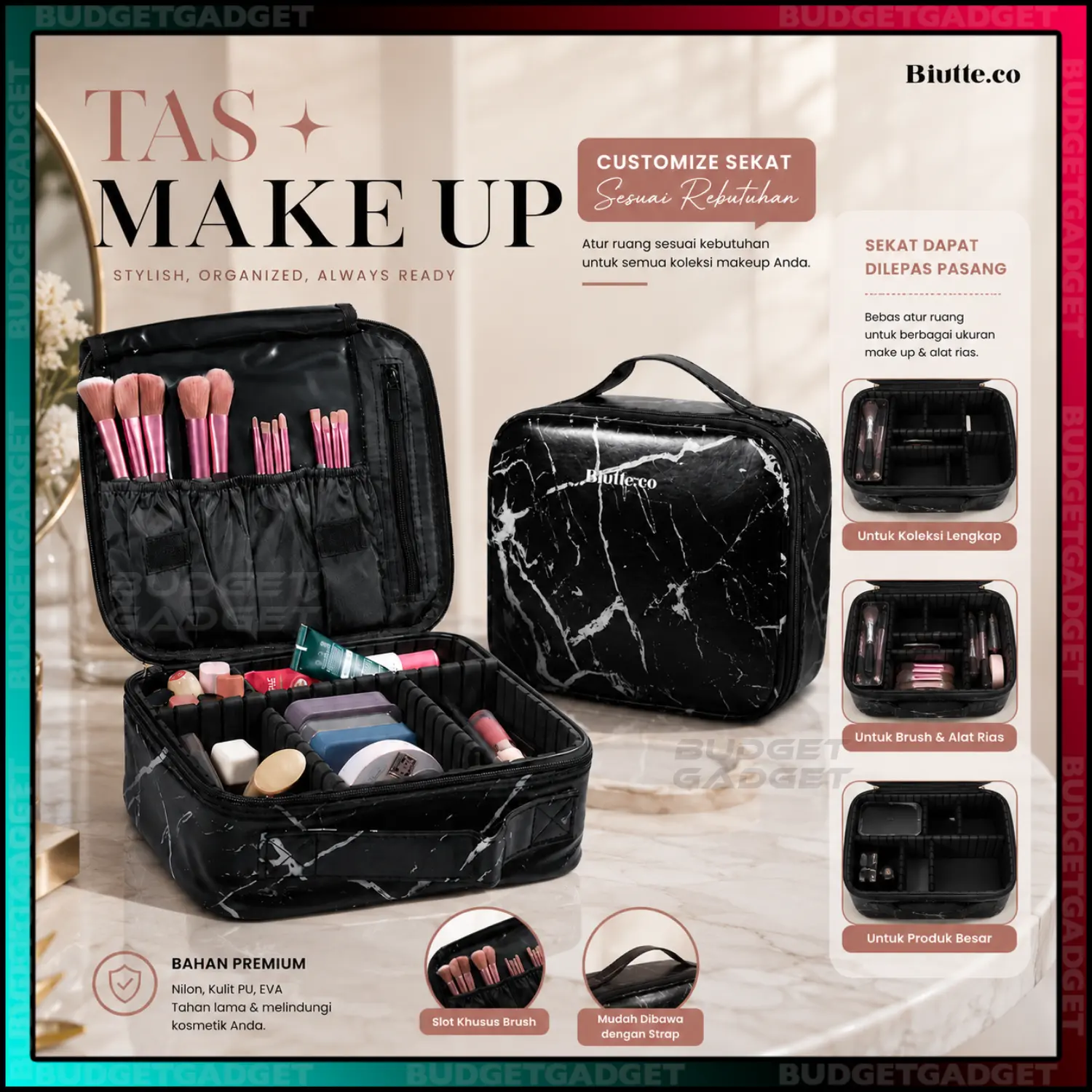 Biutte.co Tas Koper Makeup Organizer Travel Kosmetik Multifungsi dengan Sekat Lepas Pasang Sesuai Kebutuhan