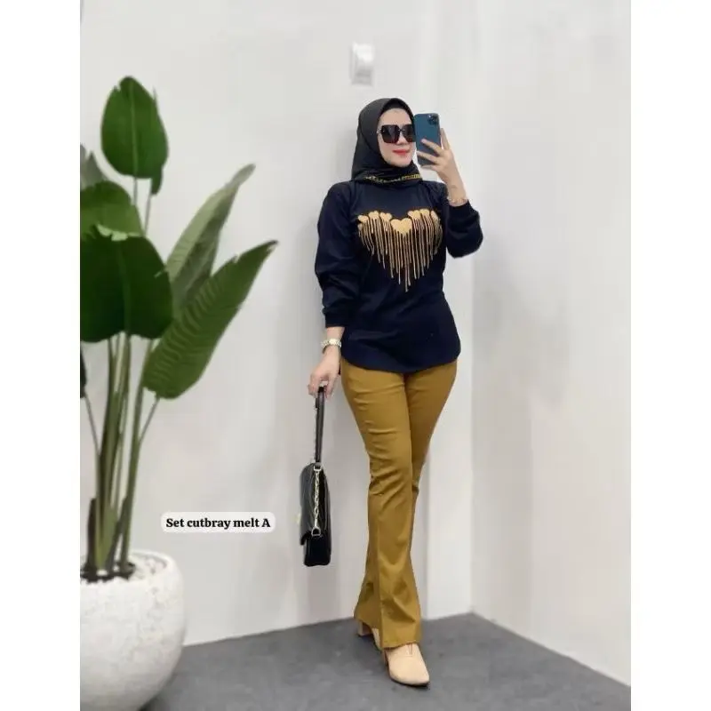 [EKSKLUSIF] Setelan Wanita Celana Chinos Cutbray Atasan Kaos Combed Premium 8