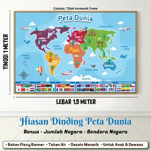 Dekorasi Dinding Peta Dunia & Indonesia Jumbo Ukuran 1.5 x 1 Meter