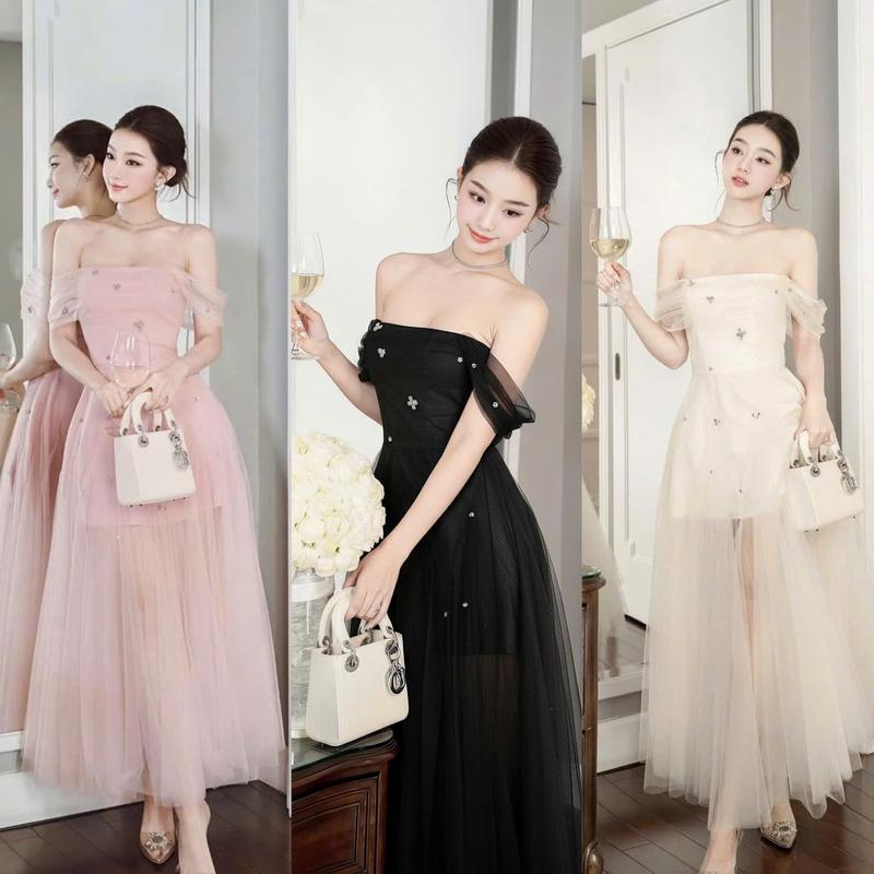 BIGSIZE HIẾU HIẾU 55-95KG - Váy nữ thiết kế dự tiệc trễ vai phối voan đính đá dáng dài D527