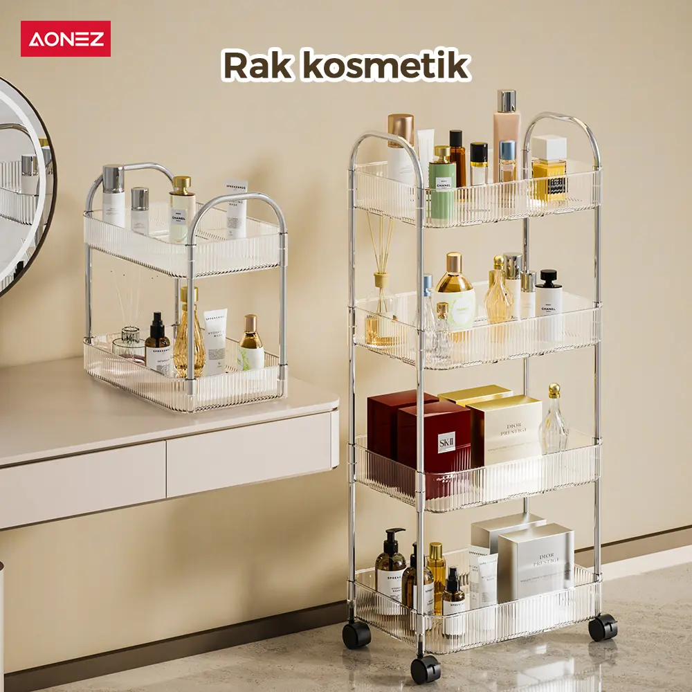 【SPESIAL Live/KOL 30Hari Garansi】AONEZ Rak Troli Susun Stainless steel RakKosmetik Serbaguna Rak kamar mandi Rak Salon Trolley Dengan Keranjang jaring akrilik transpara rak  skincare