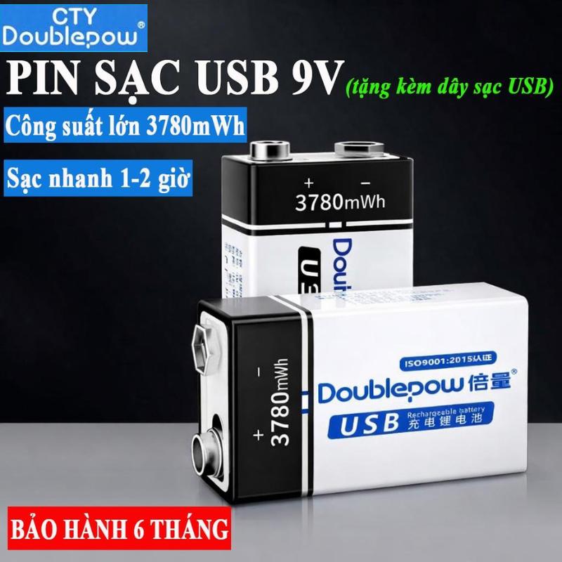 Pin sạc USB Lithium 9V 3780mWh chính hãng Doublepow, Pin vuông sạc lại An toà