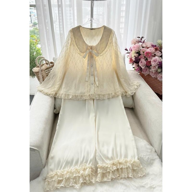 Set Tiểu Thư Freesize 70kg Trên m58 Ren Mềm Phủ Áo Bèo Quần Tay Dài Có Túi Quần Chất Lượng Cao Đường May Tỉ Mỉ