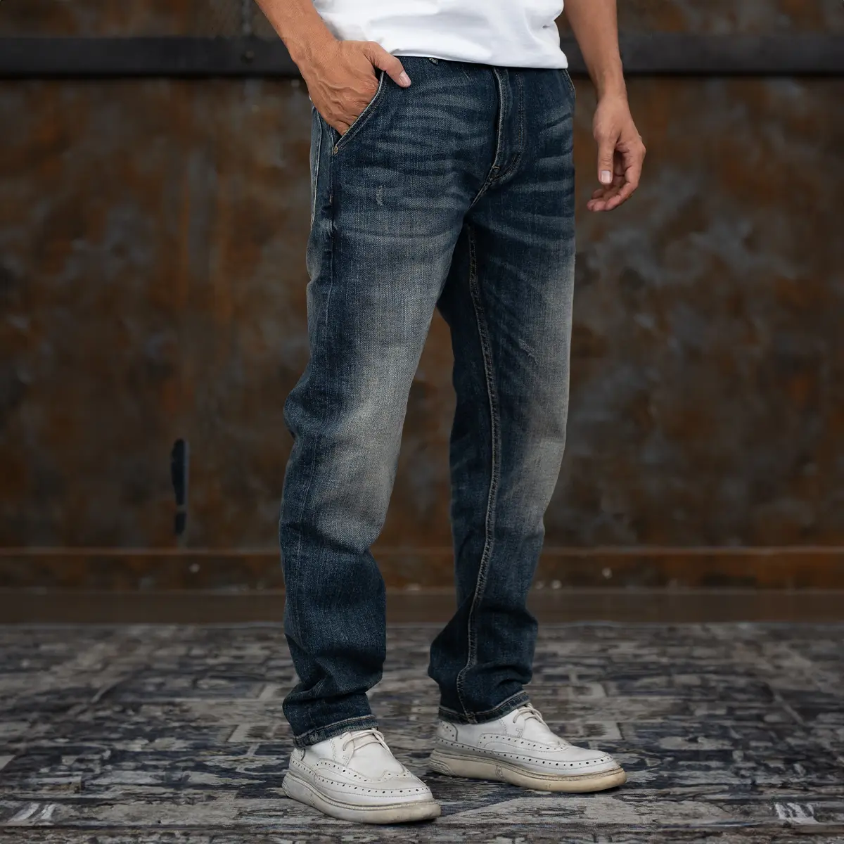 Mã số 863, Quần Jean Nam, Dáng Omm, Denim Co Giãn, Màu Xanh, Thiết Kế Đơn Giản Dành Cho Đàn Ông Trưởng Thành Menswear Có Túi