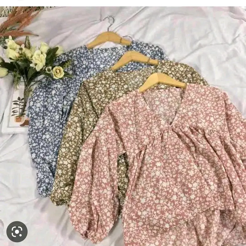 Blouse Korea Wanita Full Motif Bunga Atasan Panjang - Baju 4