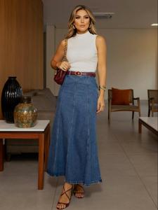 Falda midi de mezclilla lavada y elástica para mujer, diseño en A línea versátil para todas las estaciones, ideal para el día a día y citas