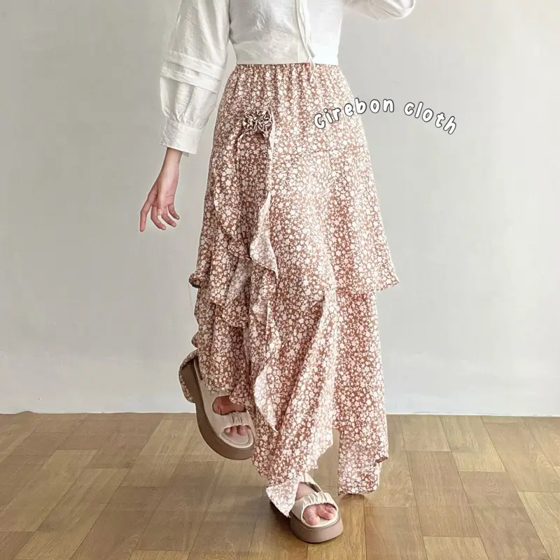 KIYANA Cirebon Cloth - Bellerose Skirt / Aesthetic Skirt / Rok Bunga / Rok Asimetris Ruffle Wanita Panjang Serut 1