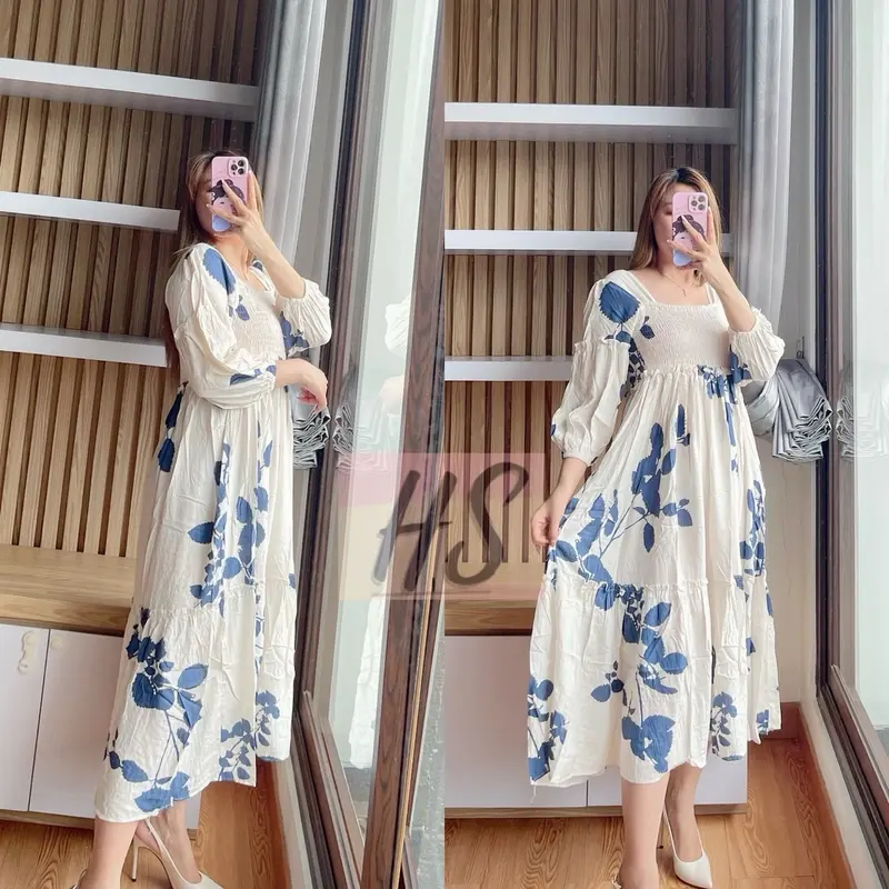 MIDI DRESS BIGFLOW SMOK AT/rayon diamond premium Casual Lembut Wanita Panjang Etnik Nyaman Twill well 1