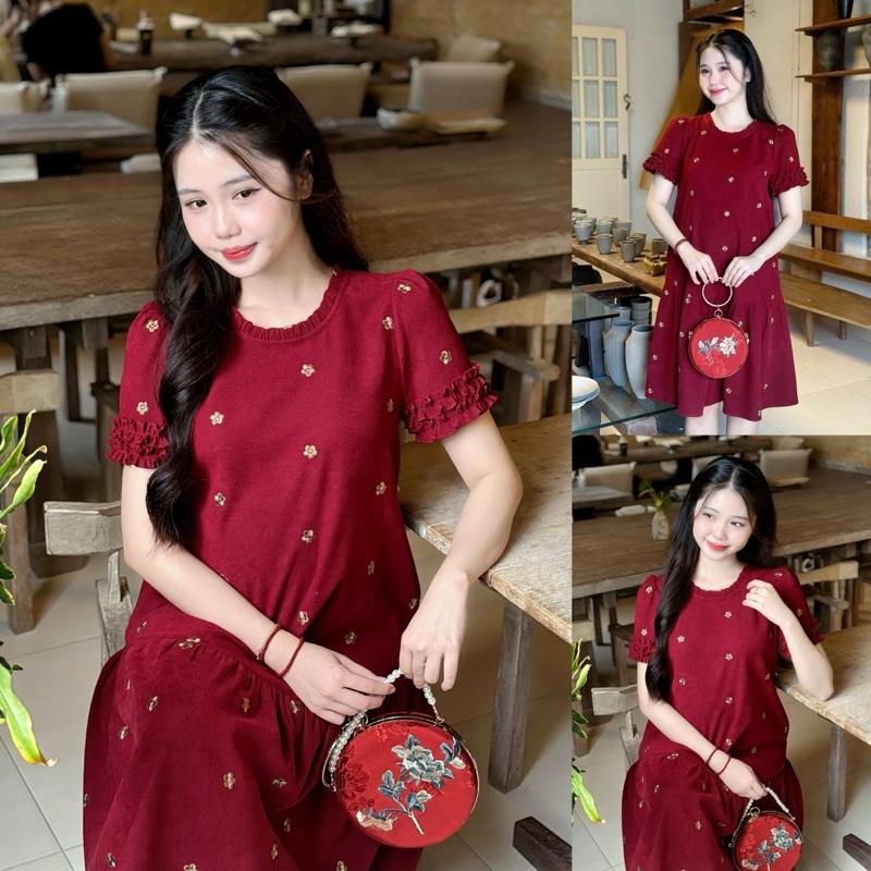 Đầm bầu Tết Gain thêu hoa mai dự tiệc nhung đỏ đô phối tay cổ bèo form đuôi cá thanh lịch sang chảnh cho mẹ đi làm đi chơi mang Tết