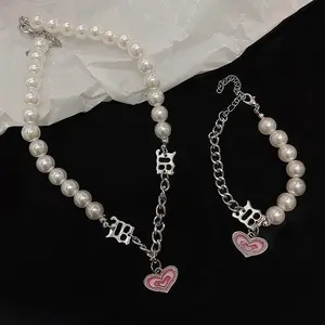 【BATIKETS】Girls Love Pearl Chain Necklace Bracelet Metal Thick Chain Clavicle Chain