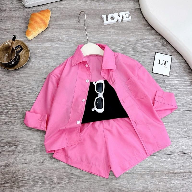 BN197 - Set 3 chi tiết áo sơmi thô hàn- áo thun hai dây - quần thô short xinh xắn cho bé gái diện hè, đi biển(10-30kg) 3