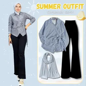 Setelan Wanita Kekinian OOTD Hijab ( Blouse, Cutbray, Jilbab Bella Square ) Baju One Set 3 in 1 Remaja Casual - LT050 Celana Scuba Katun Atasan Panjang