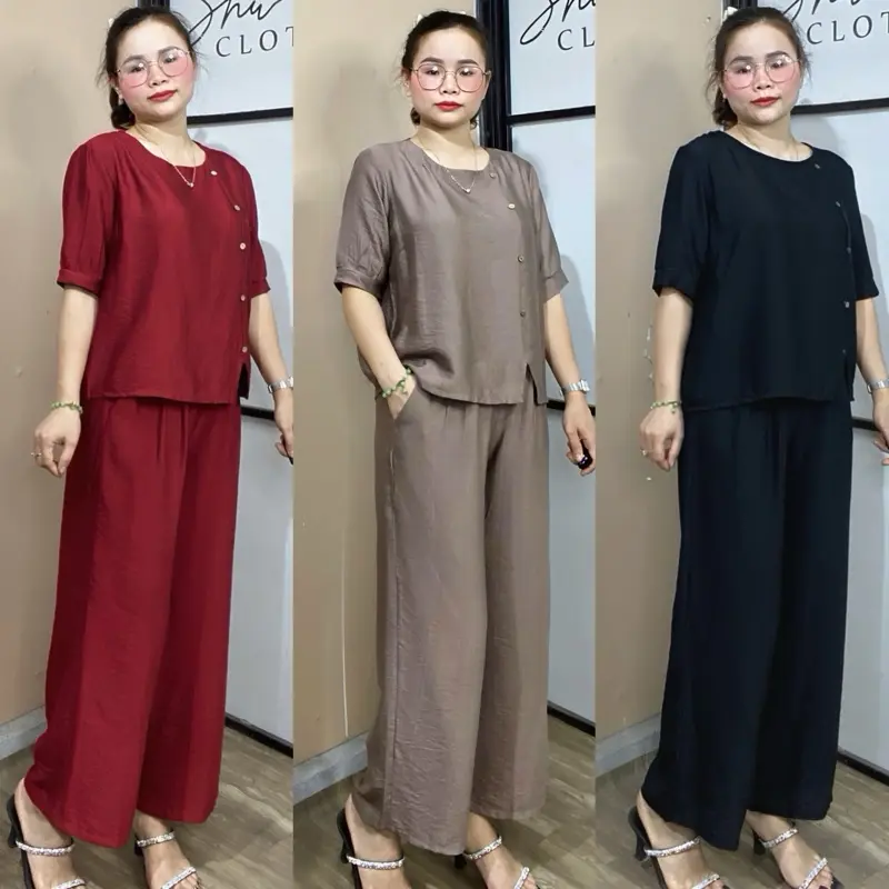 (B3) Shu clothes - Bộ đũi trung niên quần suông rộng dài áo tay lỡ có đính hàng cúc, vải đũi tơ thoáng mát nhẹ nhàng, phom che khuyết điểm tốt cho Nữ, size 40 - 80kg  Women