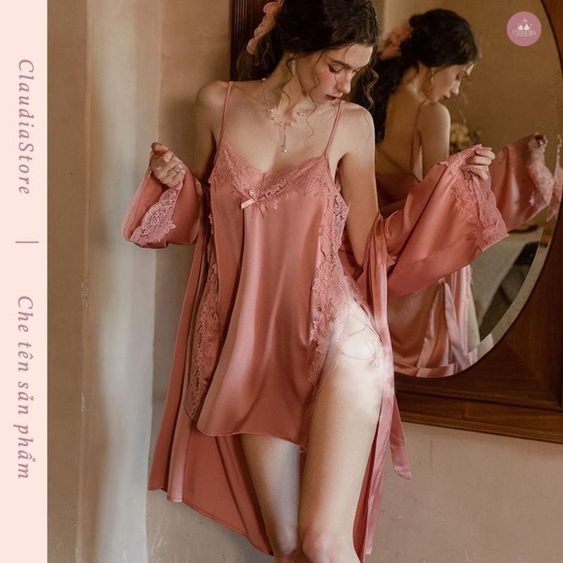 Váy Ngủ 2 Dây Lụa Xẻ Tà DN74 - Phối Ren Dây Đan Hông Sexy Quyến Rũ, Chất lụa mát mẻ tôn dáng
