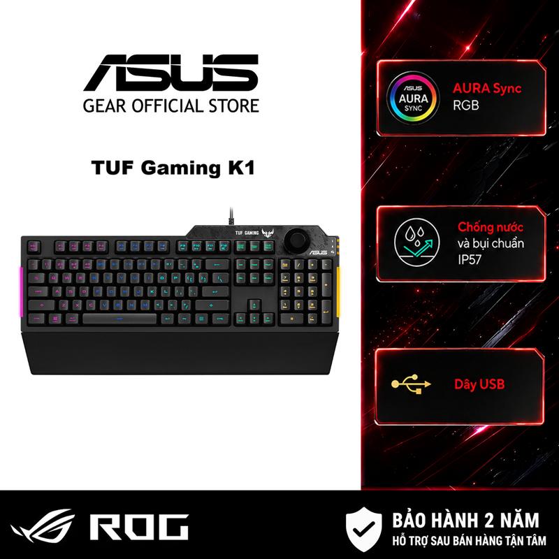 Bàn phím gaming ASUS TUF GAMING K1 có dây, Aura Sync, đệm tay tháo rời, hống thấm nước, núm âm lượng điều chỉnh