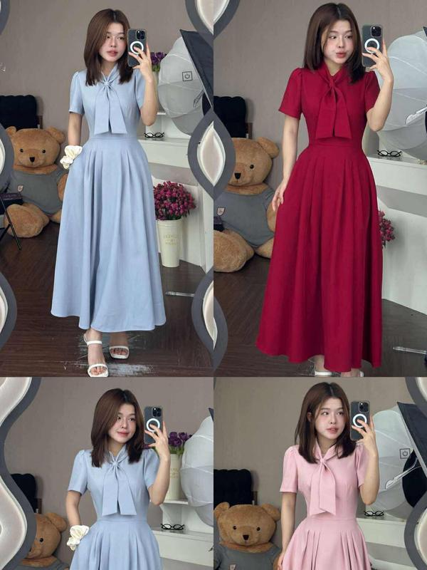 T206 (CHẤT TRUNG BÌNH) Váy phối cổ cà vạt chiết eo thanh lịch