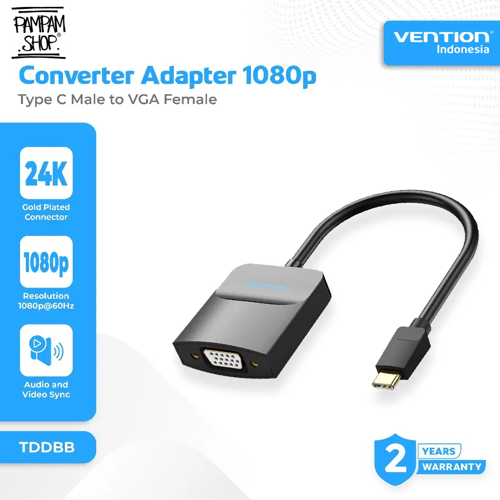 VENTION TDDBB Kabel Converter Adapter Type C to VGA 1080P 60Hz ABS Shell Gold Plated Connector Adaptor Konverter Tipe C Cable Konektor