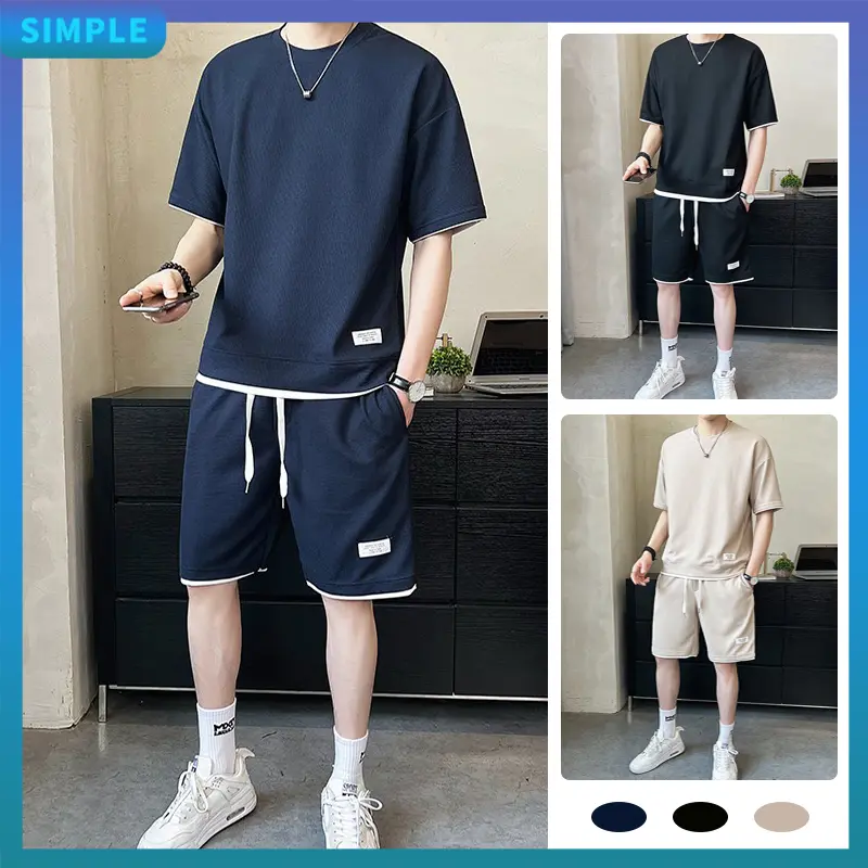 outfit set for men Terno shorts T-shirt Waffle Menswear set Korean pants and shirt unisex aesthetic fashion beach wear clothes