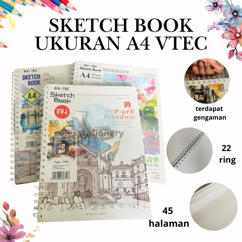 [1 PC] Buku Sketch Book Gambar / Buku Menggambar Sketsa Spiral Aesthethic Ukuran A4 Isi 45 Lembar 100 Gsm Vtec 0