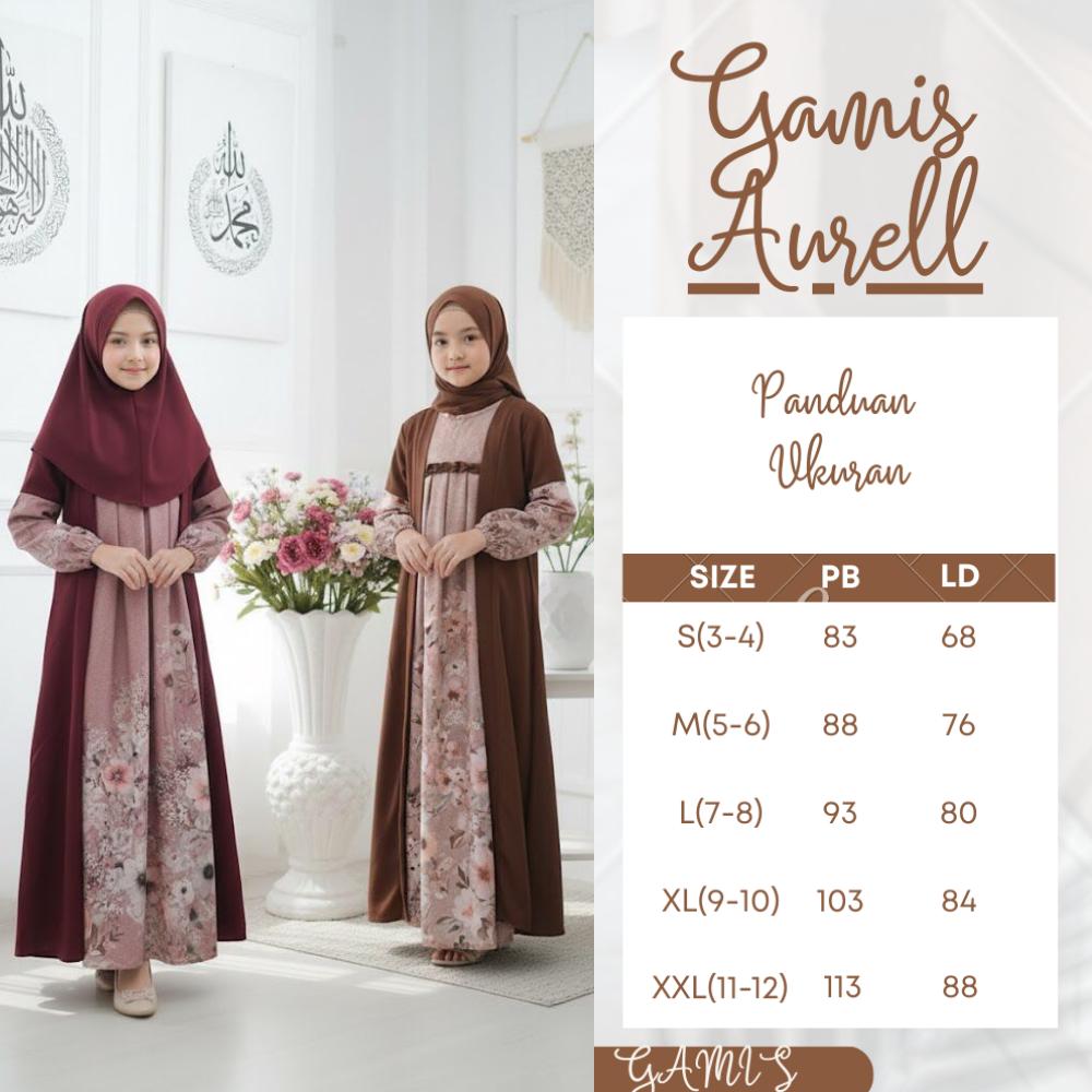 AraaStore Gamis Aurel Lengan Balon Anak Perempuan Bahan Marbella usia 3 sampai 12 tahun dress muslimah lebaran dengan motif bunga cantik