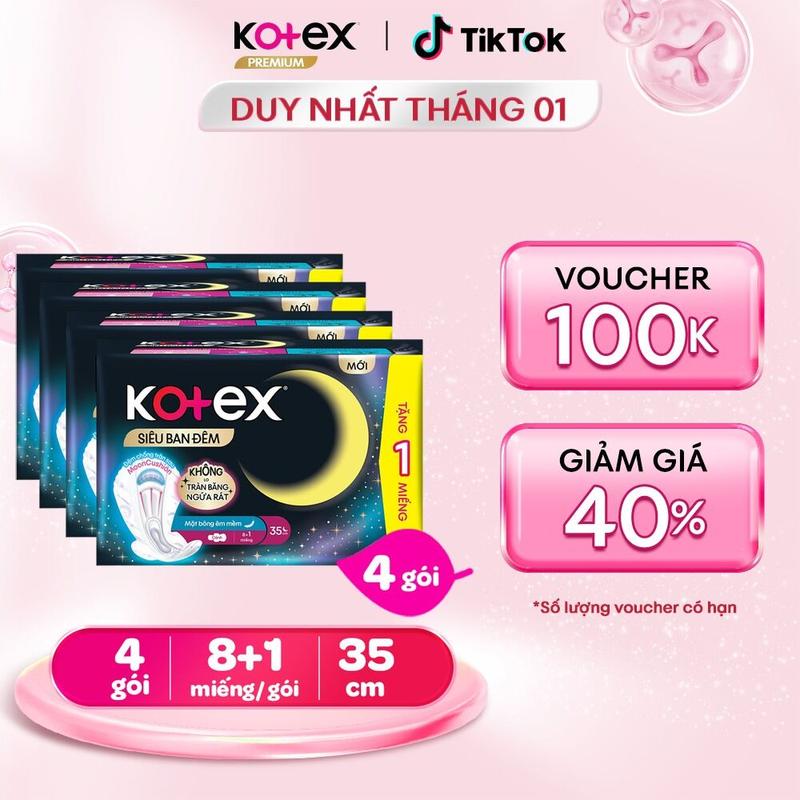 Lốc 4 gói Lốc 12 gói Băng vệ sinh Kotex Siêu Ban Đêm 35cm Đệm bông chống tràn sau 8+1 miếng
