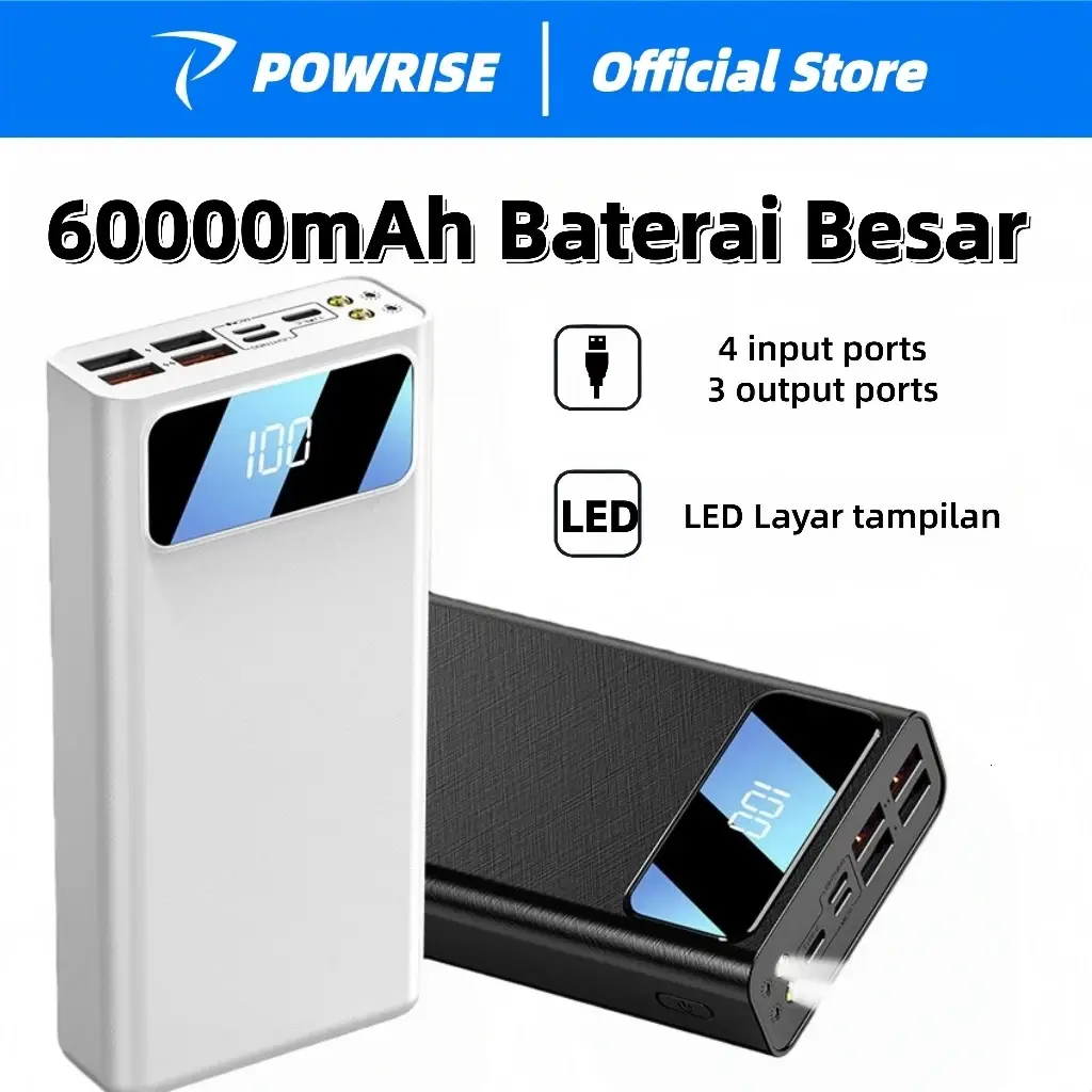 POWRISE 4 USB 60000 mAh Fast Charging External Battery Powerbank LED Digital Display Portable White 1