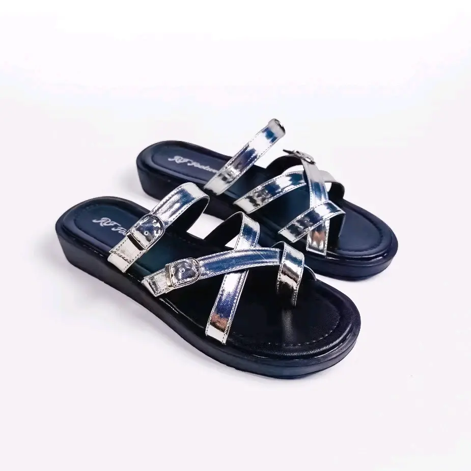 Raja_sandals Terbaru sandal wanita platform kekinian casual tali silver glossy  jepit jempol sandal cewek hitam putih Sendal