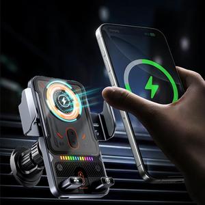 車載用 電動回転式スマホホルダー デュアルコイル搭載ワイヤレス充電器 エアコン吹き出し口取り付け iPhone 17/16/15/14/13/12 対応／Samsung・Xiaomi対応 急速充電対応 マウント