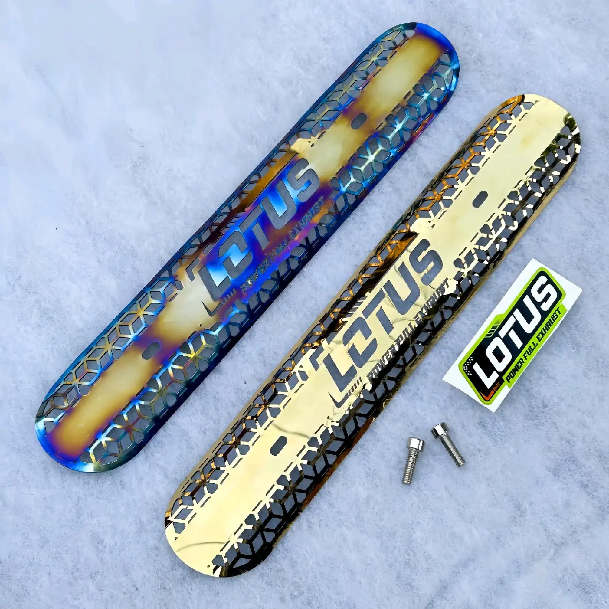 TAMENG KNALPOT STAINLESH CUTTING LOTUS POWER FULL, READY WARNA GOLD DAN BLUE GOLD Motorcycle Setiker