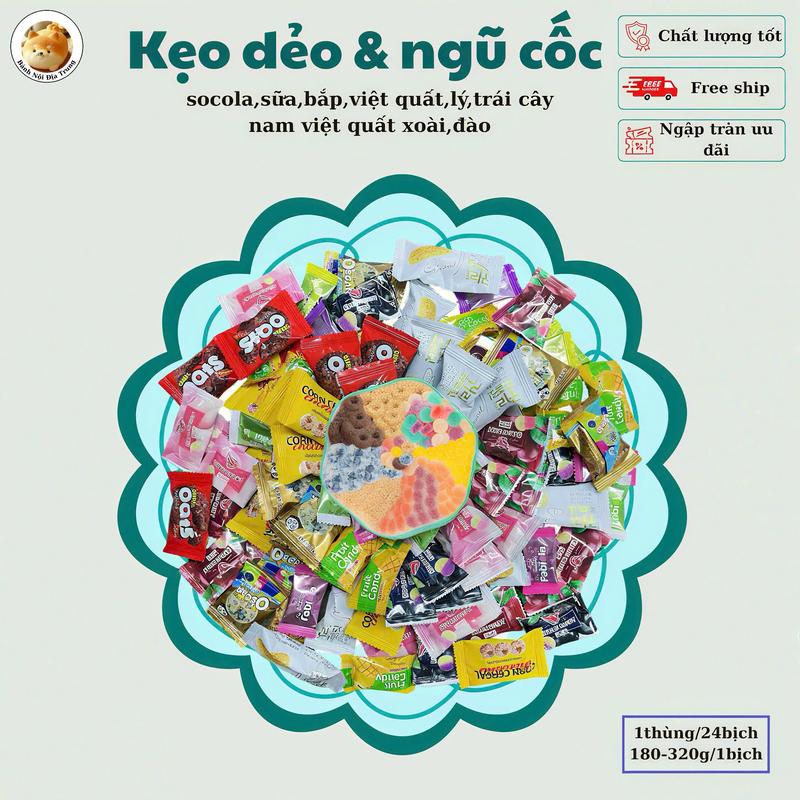  Mix vị siêu cuốn! Kẹo dẻo  vị: đào việt quất nho đen xoài cam táo xanh. Ngũ cốc giòn thơm: vị nguyên bản socola bắp mix socola. Ăn là mê – nhai là ghiền! chip chip ,kẹo không ngọt kẹo crystal candy keo kẹo dẻo trái cây chip chip 