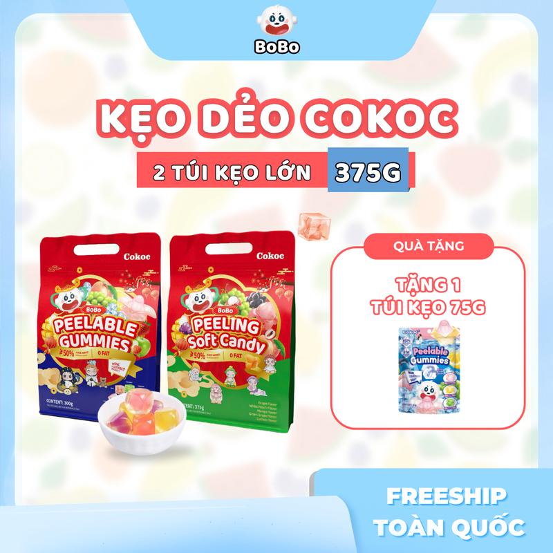 BoBo Combo 2 Túi Kẹo Dẻo Bóc Vỏ 3D COKOC Vị Trái Cây Tự Nhiên 375g Tặng 1 Túi 75g Ăn Vặt Snack Gummy Candy Dễ Ăn An Toàn Cho Trẻ Từ 3 Tuổi,Thức Ăn, Candy Food