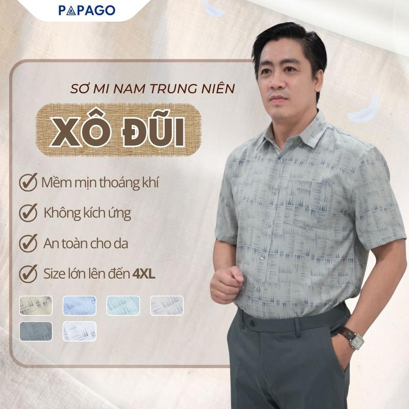 MỚI Áo Sơ Mi Nam Trung Niên PAPAGO Vải Xô Đũi In Họa Tiết Tay Ngắn Lai Ngang - P25SNHT014