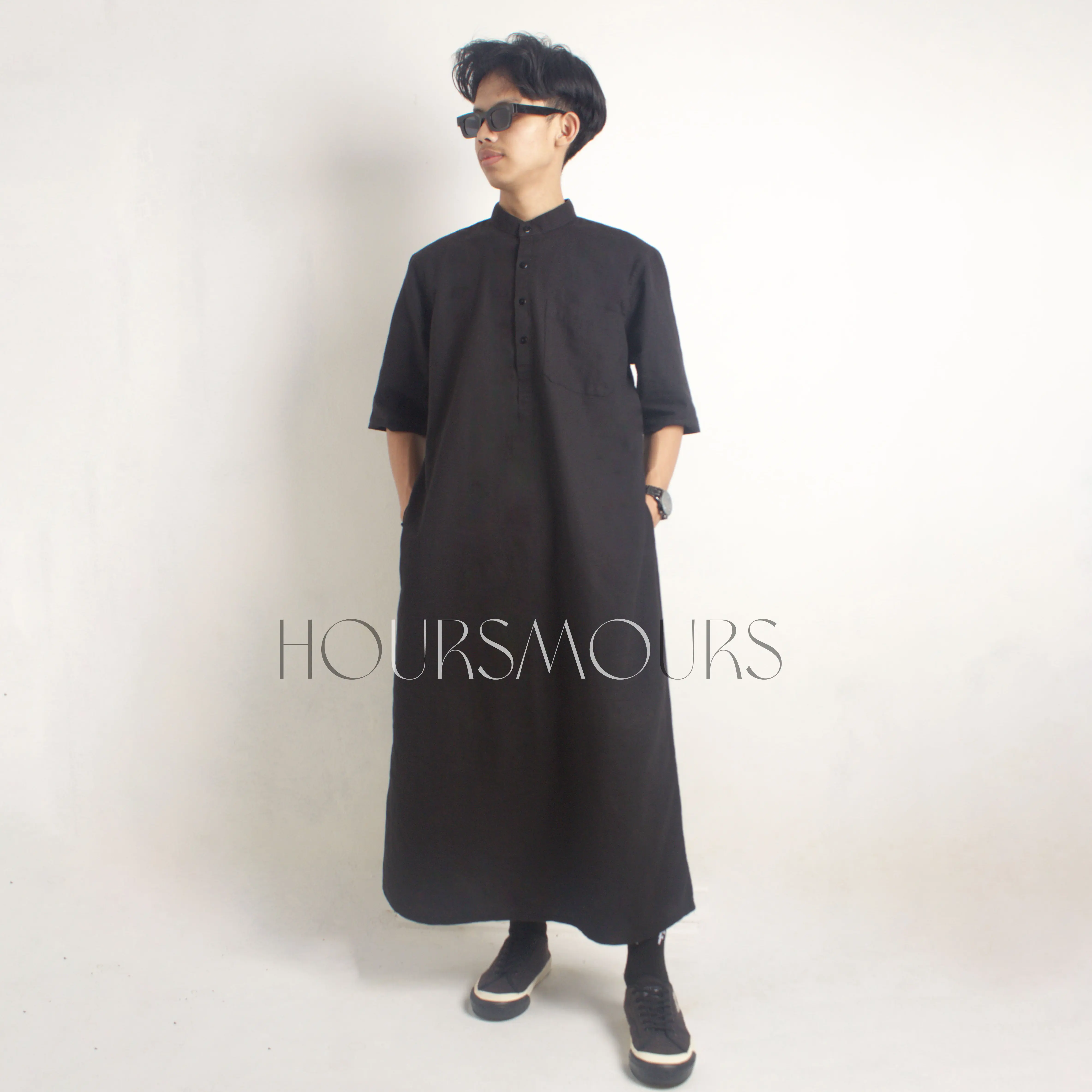 Jubah Pria Gamis Slimfit Busana Muslim pria Kancing Katun Lengan 3/4