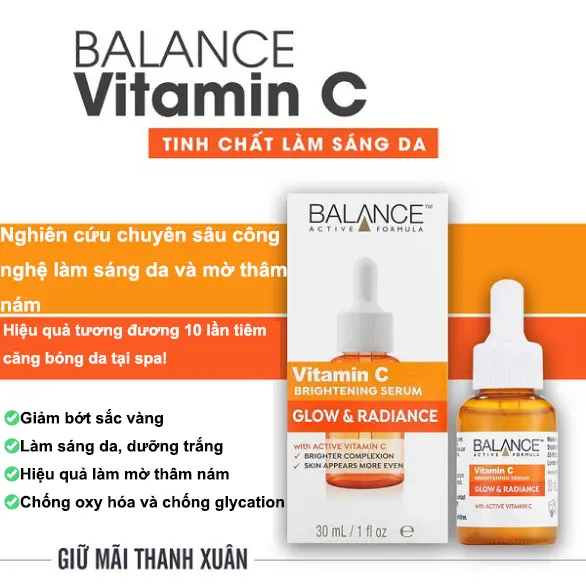Serum Vitamin C Balance Active Formula giúp giảm thâm nám, làm sáng da và dưỡng trắng tự nhiên. Kết cấu nhẹ, thấm nhanh, phù hợp cho da xỉn màu và không đều màu. Dung tích 30ml – dùng được lâu và hiệu quả cao