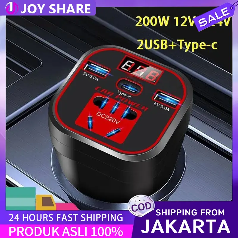 Car Power Inverter 200W 12V / 24V Pengisi Daya Inverter 220V Car Charger 2 USB Por Colokan Cas Charger Mobil Power Converter