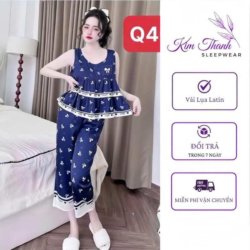 Bộ Ngủ Mặc Nhà Q4 Lửng 9 Tấc Sát Nách Lụa Latin Mát Mịn Hình In Sắc Nét