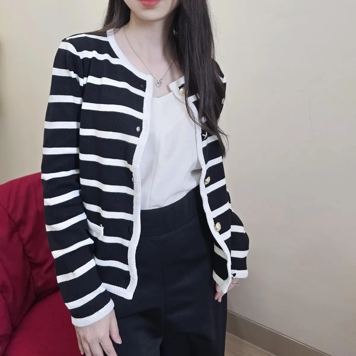 [Marchie] READY STOCK BANGKOK - Korean Style Cardigan Stripe / Baju Atasan Cardigan Wanita Lengan Panjang Stretch